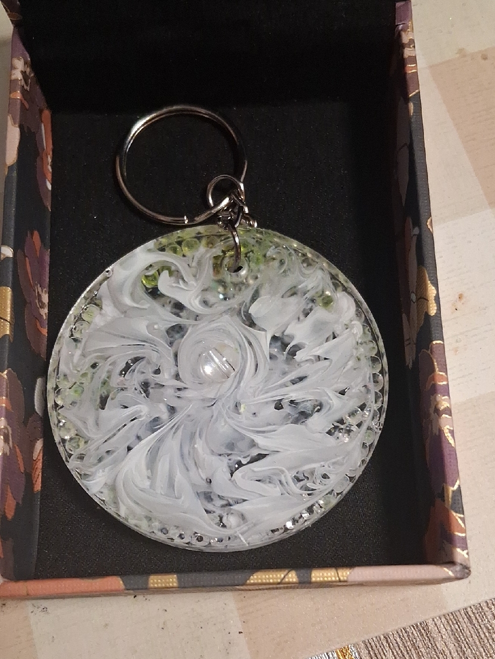 Handmade Swirl Flower Resin Keychain in White and Clear